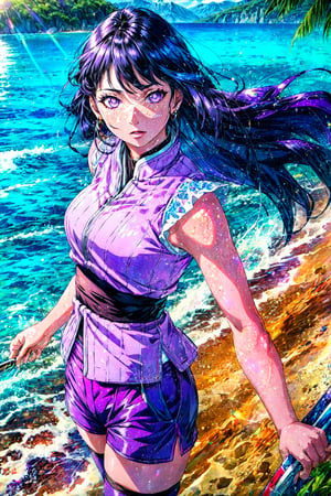 photorealistic, (4k), depth of field, (Masterpiece), (realistic skin texture), extremely detailed, intricate, hyper detailed, professional photography, bokeh, high resolution, sharp detail, best quality, girl, long hair, black hair, purple eyes, empty eyes, purple japanese clothes, obi, sleeveless, purple shorts, thighhighs, ,  ,  , dynamic pose, (sunbathing), beach, sand, outdoors,