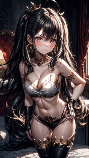 (masterpiece), high quality, detailed background, 1girl, solo,, ChopioIshtar, black hair, hair ribbon, very long hair, two side up, parted bangs, ahoge, red eyes, looking at viewer, navel, midriff,outfit_1, jewelry, crown, hoop earrings, neck ring, bare shoulders, white top, cleavage, armlet, single elbow glove, midriff, navel, black panties, asymmetrical legwear, uneven legwear, single thighhigh,(blush:1.3), mad, angry, shouting, puffed cheek, pout, pouting, bedroom, bed, standing, hands on hip, leaning forward,midjourney