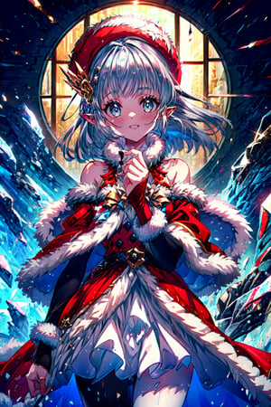 masterpiece,best quality,highres,cinematic lighting,dramatic angle,1girl,silver hair,hime cut,blue eyes,pointy ears,hair ornament,red dress,fur trim,thick coat,bare shoulders,elbow fingerless gloves,white pantyhose,layered dress,,happy,looking at viewer,cowboy shot,LilyChristmas,hat,