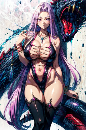 ,MedGorg, 1girl, solo, long hair, looking at viewer, simple background, thighhighs, white background, navel, cleavage, bare shoulders, jewelry, very long hair, purple eyes, collarbone, purple hair, thighs, parted lips, necklace, huge breasts, parted bangs, monster girl, revealing clothes, black one-piece swimsuit, scales, slingshot swimsuit, snake hair, claws