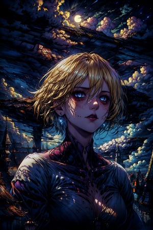 ((best quality)), ((masterpiece)), (detailed), female titan, blonde hair, short hair, blue eyes, horror beauty, perched on a cloud, (fantasy illustration:1.3), enchanting gaze, captivating pose, delicate scars, otherworldly charm, mystical sky, (Luis Royo:1.2), (Yoshitaka Amano:1.1), moonlit night, soft colors, (detailed cloudscape:1.3), (high-resolution:1.2)
