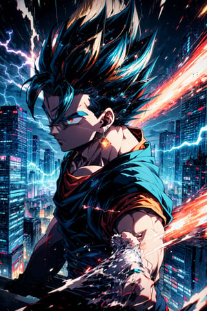  1boy, floating, solo, mid air, city, building, cityscape,  vegetto, blue spiked hair, jewelry, earrings, blue and orange dougi, white glove, (((realistic))),  superspeed, lighting, ((motion blur)), (electricity), from side, incoming , speed lines, emphasis lines