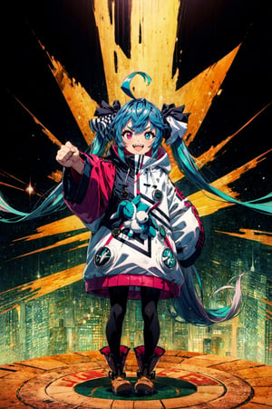 simple Background, Drop Shadow, Full Body, AATwin, Little Girl, Petite, Flat Chest, Heterochromia, @_@, V-Shaped Eyebrows, Smile, :d, Open Mouth, Sharp Teeth, Aqua Hair, Twintails, Crossed Bangs, Ahoge, Hair Ribbon, Hores Eares, Horse Tail, Hooded Coat, Hood Down, Layered Sleeves, Bodysuit, Stuffed Rabbit, Ankle Boots, Standing, Outstretched Arm, Arm, Up, Clenched Hands, Raised Fist, Looking At Viewer, Best Quality, Amazing Details, Brilliant Colorful Paintings ,Circle