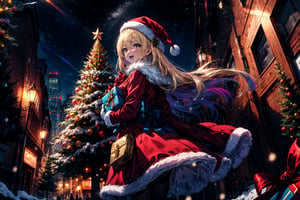 masterpiece,blonde hair, long hair,best quality,highres,cinematic lighting,dramatic angle,1girl,light blue hair,orange eyes,MiyakoChristmas,happy,,white and red dress,thick coat,fur trim,ribbons,bowtie,hat,pantyhose,gloves,holding gift box,christmas streetscape,christmas trees,stars,presenting gift box to viewer,:d,