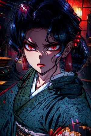 (masterpiece:1.2, best quality), MuzanFemale, 1girl, red eyes, kimono, black hair, solo, looking at viewer, red lips, makeup, upper body, lipstick, hair ornament, earrings, jewelry, long hair, angry, closed mounth, standing, cinematic lighting, tradional japanese interior, demonic, red particles, detailed background, complex structures, hyperdetailed sharp face, dynamic pose