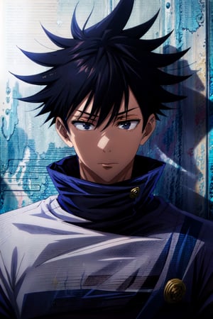 masterpiece, best quality, high quality, 1boy, solo, male focus, looking at viewer, upper body, , fushiguro_megumi, black hair, spiked hair, black eyes, jacket, high collar, , Realism