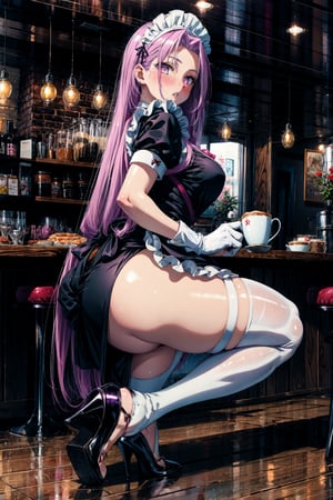 MedCas, 1girl, solo, long hair, looking at viewer, blush, large breasts, gloves,dress, very long hair, purple eyes, purple hair, ass, short sleeves, thighs, frills, parted lips, puffy sleeves, looking back, white gloves, clothes lift, black footwear, apron, black dress, high heels, white thighhighs, puffy short sleeves, parted bangs, maid, maid headdress, forehead, maid apron, enmaided, cafe