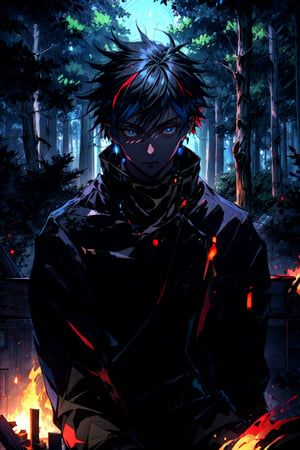 1boy, Megumi a man in a black coat and black pants, (masterpiece), best quality, highres, (realistic face:1.1), (hyperrealistic:1.3), 4k, 8k, Detailed Illustration, intricate detail, glowing particles, floating, cinematic lighting, sharp shadows, amazing quality, amazing shading, soft lighting, (symetrical:0.5), facing camera, ultra-detailed, black default_outfit , ((upperbody)), (shiny skin:1.2),(outdoors:1.3), (forest background:1.3), sitting,relaxed, blue eyes, looking at viewer, detailed eyes, detailed face, (masterpiece:1.4), (best quality:1.4),(shiny skin),realistic, bright, fire lighting, 