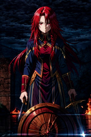 masterpiece, best quality, IrisMidgarV4, 1girl, solo, long hair, red eyes, braid, serious, red hair, holding, weapon, sword, holding weapon, night, standing in a wheel of fire,fate/stay background,perfecteyes