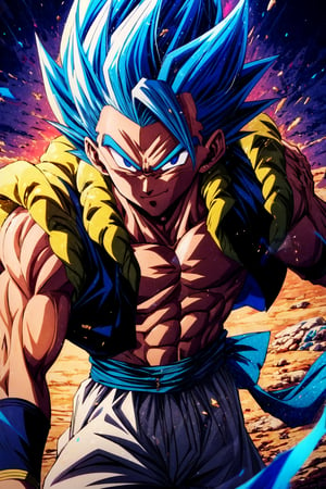 (masterpiece, best quality:1.2), , cowboy shot, solo, male focus, 1boy, gogeta, muscular male, smirk, looking at viewer, blue hair, blue eyes, vest, blue sash, white pants, wristband, tail, pectorals