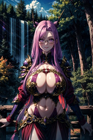 masterpiece,best quality,1girl,MedCas,purple hair,very long hair,purple eyes,glasses,((kirin armor)),huge breasts,wide hips,smile,outdoors,forest,