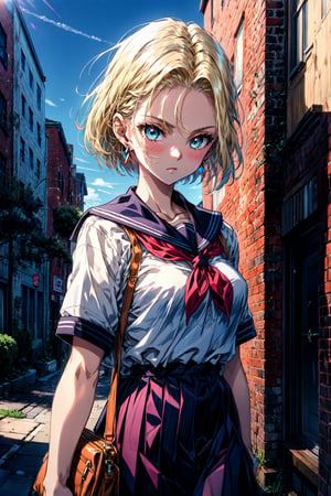 best quality, highres, and18, 1girl, android 18, solo, blonde hair, blue eyes, short hair, earrings, jewelry, medium breasts, , cowboy shot, street, (school uniform:1.2),