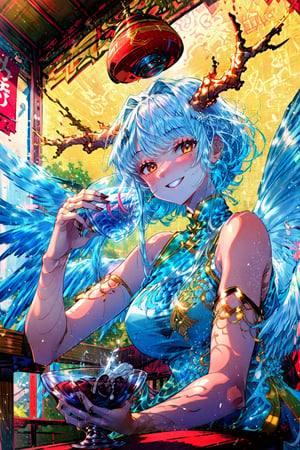 highres,best quality,highres,,silong,(shaded face:1.3),smile,dragon horns,1girl,wings,looking at viewer,chinese clothes,bare shoulders,tail,sitting across table,drinking,drunk,bowl,sake,upper body,straight-on,arrogant