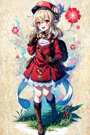 masterpiece, best quality, , ,1girl, klee (genshin impact), hat, solo, boots, brown footwear, gloves, bag, smile, red headwear, backpack, white feathers, long sleeves, long hair, socks, twintails, bangs, ahoge, brown gloves, feathers, dress, open mouth, pointy ears, cabbie hat, looking at viewer, :d, hat feather, white background, low twintails, red dress, red eyes, hair between eyes, upper teeth only, blonde hair, full body, dodoco (genshin impact), blush, teeth, kneehighs, white socks, knee boots, standing, ribbed legwear, standing on one leg, charm (object), star (symbol), clover, bag charm, simple background, four-leaf clover, holding strap, hands up, light brown hair, sidelocks