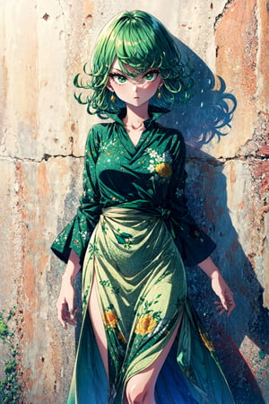 tatsumaki, small breasts, short hair, curly hair, green eyes , green hair ,Ulla Johnson printed maxi dress