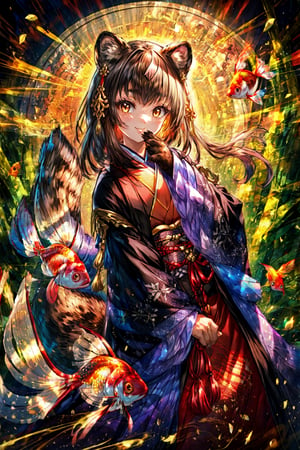 masterpiece,best quality,highres,cinematic lighting,dramatic angle,1girl,,animal hands,animal ears,black hair,brown eyes,japanese clothes,looking at viewer,smile,capelet,tail,head tilt,bamboo,moon,goldfish,shaded face,glowing eyes,sleeves past wrists,hand on own mouth,covering mouth,tassel