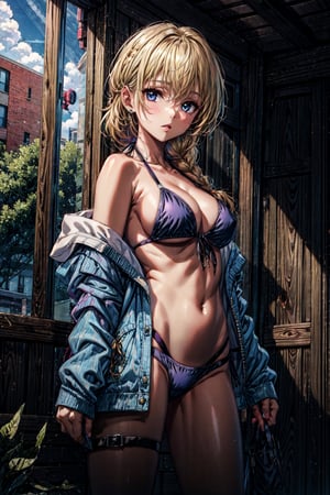 masterpiece, good quality, 1girl, solo,  JeanneArcher1st, single braid, medium hair braid, blonde hair, black bikini, blue jacket, open clothes, hood, front-tie top, front-tie bikini top, hair scrunchie, single thigh strap,