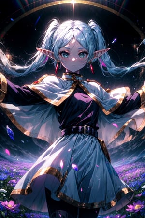 masterpiece, best quality, 1girl, frieren, long hair, pointy ears, twintails, parted bangs, elf, jewelry, earrings, capelet, white capelet, long sleeves, dress, belt, flower, expressionless, standing, (outstretched arms, reaching out), floating hair, (magic circle:1.1), glowing, cowboy shot,