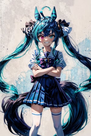 White Background, Drop Shadow, Full Body, AATwin, Little Girl, Petite, Flat Chest, Heterochromia, @_@, V-Shaped Eyebrows, Grin, Closed Mouth, Sharp Teeth, Aqua Hair, Twintails, Crossed Bangs, Ahoge, Hair Ribbon, Hores Eares, Horse Tail, Sailor Collar, Bowtie, Tracen School Uniform, School Shirt, Puffy Short Sleeves, Pleated Skirt, White Thighhighs, Loafers, Standing, Legs Apart, Crossed Arms, Looking At Viewer, Best Quality, Amazing Details, Brilliant Colorful Paintings