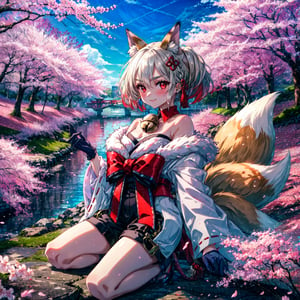 1girl, album cover, ((cherry blossoms)), detached sleeves, flower, frills,bow, hair bow, midriff, navel, pink petals, smile,,1girl, from side, medium shot, (highres, realistic, best quality, masterpiece, ultra-detailed, textured, ambient lighting, cinematic lighting), animal ears, stand, fox ears, animal ear fluff ,bangs , red eyes , multicolored hair , twintails , animal ear fluff ,brown hair , hair ornament ,bell , solo ,braid ,neck bell , fox girl , jingle bell ,gloves , fur trim , ribbon ,two-tone hair ,japanese clothes ,off shoulder ,bare shoulders ,collar ,bow ,long sleeves , streaked hair ,blush , black gloves , tail ,((white hair)), fox tail , kimono ,wide sleeves , red bow , red ribbon ,multiple tails , red hair , collarbone , hair ribbon , short hair , choker , socks , shorts , ribbon trim , sash , black shorts , rope , small breasts , white kimono , fur-trimmed sleeves , tabi , black footwear , black socks , gradient hair , v-shaped eyebrows , dress ,sandals , hair between eyes , obi , medium hair , grey hair , thick eyebrows , short twintails , strapless , sweat , shimenawa , outdoors , fur-trimmed kimono kitsune, earrings, japanese flag, jewelry, red background,CLOUD