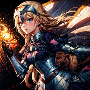 masterpiece, best quality,1girl, solo, long hair, blonde hair, jeanne d'arc (fate), ,(Upper_body),(Focus on her face),armor, blue eyes, weapon, sword, armored dress, gauntlets, headpiece, jeanne d'arc (third ascension) (fate), official art,extremely detailed CG unity 8k wallpaper, perfect lighting,Colorful, Bright_Front_face_Lighting,shiny skin, (masterpiece:1.0),(best_quality:1.0),