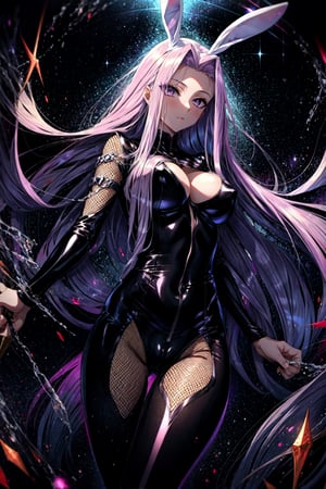 , masterpiece, best quality,1girl, medusa (rider) (fate),long hair, medusa (fate), black purple hair, solo, black ping eyes, large breasts, very long hair, looking at viewer, wild eyes, (full body:0.5), starry sky, dark background, happy, , ((bunnysuit)), fishnet tights, wrong hand anatomy