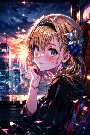 masterpiece,best quality,highres,cinematic lighting,dramatic angle,1girl,, profile,blonde hair,blue eyes,hairband,looking at viewer,tilting head,smile,blush,sunset,sitting on bench,handbag,depth of field,cityscape,(close-up:1.3),She reclined her head against viewer's shoulder,pov,she tilted her body towards viewer