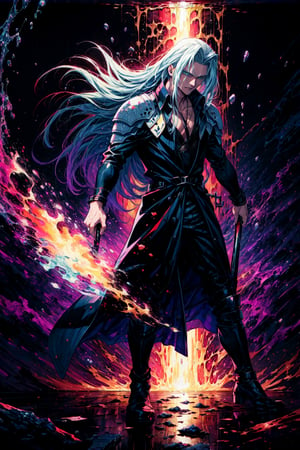 ASCIImasterpiece, best quality, detailed oil painting, dynamic manga action scene, dark vaporwave background, Sephiroth, coat, pauldrons, fantasy painting