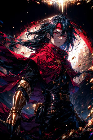 absurdres,, masterpiece, 1boy, , long black hair, red eyes, red cloak, red headband, gold claw, wind, gold claw