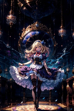 (cygames, official art, shadowverse, shingeki no bahamut ), a beautiful masterpiece portrait of a blonde girl in a blue dress, standing, full body, (she has a large pocket watch pendant watch clock hanging loosely off her shoulder like a pendant), absurdres, highres, (high quality, beautiful, detailed, intricately detailed, ), nose blush, 1girl, frills, looking at viewer, blush, eyebrows visible through hair, breasts, small breasts, solo focus, shadow, hair between eyes, boots, (1girl, blonde hair, blue eyes, dress, long hair, flower, (pocket watch, pendant watch), (blue dress:1.2), rose, apron, hairband, blue hairband, bow hairband, bowtie, bow, petticoat, ((blue corset)), ribbon, frills, wrist cuffs, pink rose, outdoors, puffy sleeves, short sleeves, juliet sleeves, , large dress, thighhighs, frills, black thighhighs, apron, puffy short sleeves, jewelry, red bowtie, wrist cuffs, hair between eyes, bangs, ribbon-trimmed skirt, ribbon trim, :1.0 )