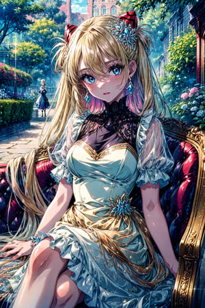 (masterpiece, best quality, detailed), 1girl,souryuu asuka langley,solo, a fancy frilly dress. She is likely to be found in a grand ballroom or a luxurious garden party, surrounded by other aristocrats. Her dress is of the finest quality, with frills and lace adorning every inch. She exudes an air of elegance and refinement, with a regal bearing that hints at her privileged upbringing. Despite her privileged position, there is a hint of playfulness in her demeanor, and a sparkle in her eyes that suggests she is not entirely bound by the strict conventions of her social class.