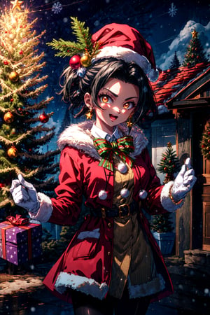 masterpiece,best quality,highres,cinematic lighting,dramatic angle,1girl,light ,orange eyes,Christmas,happy,white and red dress,thick coat,fur trim,ribbons,bowtie,hat,pantyhose,gloves,holding gift box,christmas streetscape,christmas trees,stars,presenting gift box to viewer,:d, (masterpiece, best quality, highres), 