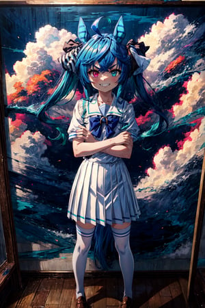 simple Background, Drop Shadow, Full Body, AATwin, Little Girl, Petite, Flat Chest, Heterochromia, @_@, V-Shaped Eyebrows, Grin, Closed Mouth, Sharp Teeth, Aqua Hair, Twintails, Crossed Bangs, Ahoge, Hair Ribbon, Hores Eares, Horse Tail, Sailor Collar, Bowtie, Tracen School Uniform, School Shirt, Puffy Short Sleeves, Pleated Skirt, White Thighhighs, Loafers, Standing, Legs Apart, Crossed Arms, Looking At Viewer, Best Quality, Amazing Details, Brilliant Colorful Paintings,CLOUD