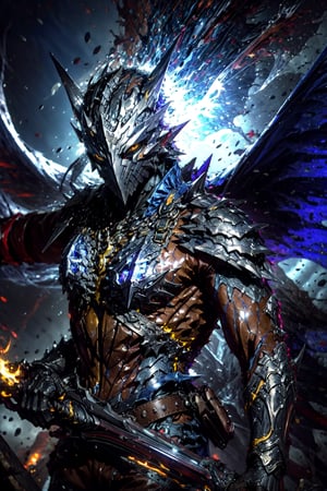 masterpiece,best quality,highres,cinematic lighting,dramatic angle,1boy,dark blue armor,maskedform,helmet,blue fire,holding flaming sword,looking at viewer,,spikes,fangs,glowing yellow eyes,showing strength,ghost,souls,action pose,dynamic pose,dynamic angle,spikes,dark flame,extremeley detailed,grab pose,,over shoulder