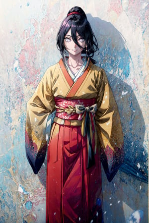 masterpiece, best quality,
1girl, hanahyu, black hair, long hair, long ponytail, hair between eyes, no pupils, white eyes, 
collarbone, hakama skirt, japanese clothes, kimono, long wide sleeves, sash,
smile, standing, full body, looking at viewer, solo, simple background, solid grey background