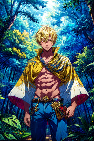 masterpiece, best quality, , 1boy, solo, male focus, looking at viewer, , depth of field, , veldora_tempest, blonde hair, yellow eyes, denim jeans, , An enchanted forest where magical creatures and plants abound,