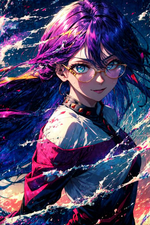 ((best quality)), ((highly detailed)), masterpiece, ((official art)), detailed face, beautiful face, (detailed eyes, deep eyes), 1girl:1.33, solo, (glasses), , midnightmha, boku no hero academia, purple hair, very long hair, sky blue eyes, ;p, off shoulder long sleeved shirt, sweat pants, (pink mist), (torn clothes