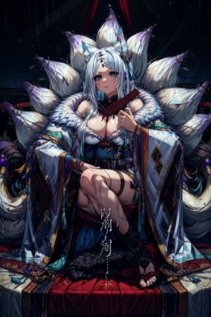 1lady,(mature female),(milf), kitsune,multiple tails,fox ears,white fox tail,aqua eyes,whisker markings, hair ribbon,blue tassel,jewelry,hair ornament, blue obi,(white wide sleeves),black thighhighs,folding fan,(fur-trimmed white kimono),holding fan, tengu-geta,geta, highres,official art,original,masterpiece,best quality, (huge breasts:1.08), face lighting,cinematic lighting,caustics,Circle,fantasy