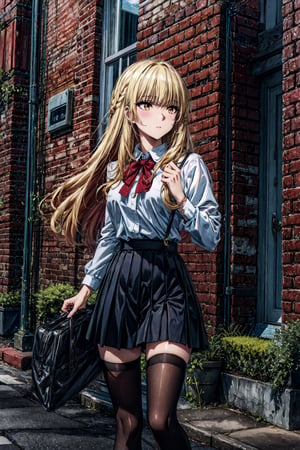 ((masterpiece, best quality, high quality, highres)):1.2, outdoors, street, white shirt, black skirt, zettai ryouiki, black thighhighs, Rose, blonde hair,rose