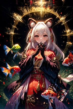 masterpiece,best quality,highres,cinematic lighting,dramatic angle,1girl, ,1girl,animal ears,japanese clothes,black open jacket,obi,smile,hand on own cheek,looking at viewer,black hair,brown eyes,bamboos,goldfish,dynatic pose,cowboy shot,KIND,gold-trimmed,magic,multicolored hair,white hair,frills,claws,elbow gloves,(open mouth:0.43),magic,feast,foods