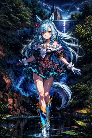 masterpiece, best quality, mejiro ardan \(umamusume\), full body, (glassed legs:1.4), night sky, starry sky, from above, ear ornament, black gloves, white gloves, asymmetrical gloves, mismatched gloves, detached sleeves, puffy sleeves, uneven sleeves, asymmetrical sleeves, ribbon, bare shoulders, off-shoulder dress, black dress, frilled dress, center frills,midjourney