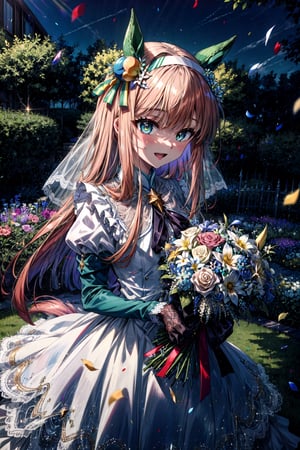 masterpiece, best quality, highres, aasuzuka, long hair, animal ears, ear covers, white hairband, horse tail, , garden, wedding dress, white gloves, lace, smile, holding bouquet, open mouth, confetti, flower, petals