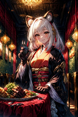 masterpiece,best quality,highres,cinematic lighting,dramatic angle,1girl, ,1girl,animal ears,japanese clothes,black open jacket,obi,smile,eating,(:3:0.68),looking at viewer,brown eyes,bamboos,dynatic pose,cowboy shot,sitting across table,gold-trimmed,magic,multicolored hair,(black hair:white hair:0.86),frills,claws,black elbow gloves,(open mouth:0.43),magic,feast,foods on table,restaurant