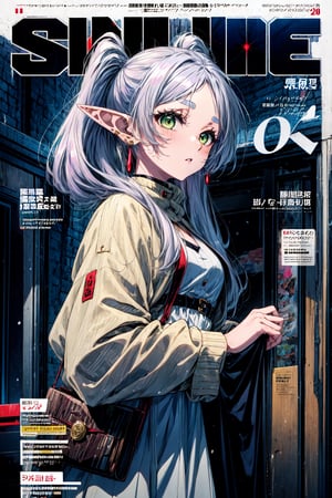 solo, (((magazine cover))), Streetwear outfit, winter fashion, 1girl dress lift, english text, 1girl, solo, elf, white hair, grey hair, earrings, pointy ears, long hair, ponytail, green eyes, twintails, parted bangs, thick eyebrows, 