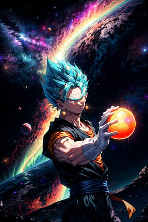 1boy, floating, solo, outer space, ((planet)), aurora on planet, sunlight, , energy ball, electricity, kamehameha,  vegetto, blue spiked hair, jewelry, earrings, gold hair, blue and orange dougi, (realistic), white glove, 