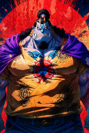 Jinbei, one piece, solo, male, fish, tattoo, scar, scruffy hair, tusks, angry, glaring, torn shirt, giant pectorals, giant muscles, musclegut, veiny muscles