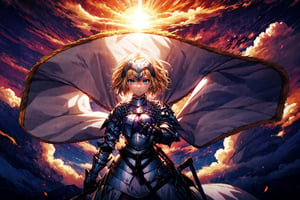 masterpiece, best quality,1girl,,solo, long hair, blonde hair, jeanne d'arc (fate), armor, blue eyes, weapon, sword, armored dress, gauntlets, headpiece, jeanne d'arc (third ascension) (fate),(kbxll:1), , front view,CLOUD