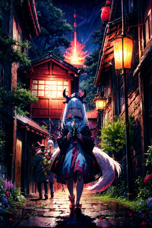 anime artwork (by kame 3:0.6), (by kemokin mania:0.4), outdoor, mystic wood, night, glowing, holding lantern BREAK nanachi, narehate, white hair, horned helmet, headdress, bottomless,   dwarf . anime style, key visual, vibrant, studio anime, highly detailed