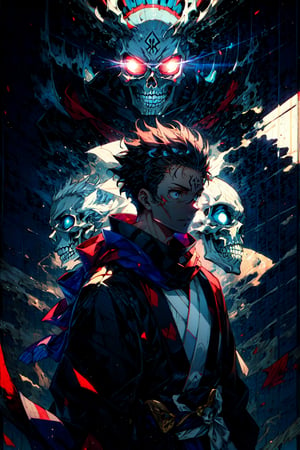 masterpiece,high quality,solo, patterned background, RyomenSukuna,1man, blue scarf,japanese clothes,white kimono,wide sleeves,long sleeves, obi, tabi,zouri, hell,shadow,shadowed face,skull,CLOUD