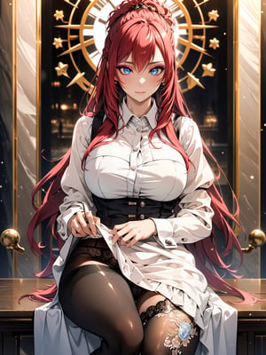 ((masterpiece, sidelighting, finely detailed beautiful eyes: 1.2)), ultra-detailed, ultra high res, professional lighting, high quality makeup, beautiful detailed eyes, sexy, beautiful, big eyes, , cowboy shot, maid suit, sitting, lift skirt to show underwear, black underwear, black pantyhose